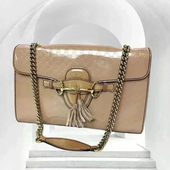 Y2K GUCCI EMILY PATENT chain strap flap bag beige blush horsebit tassel Japan - Picture 1 of 16